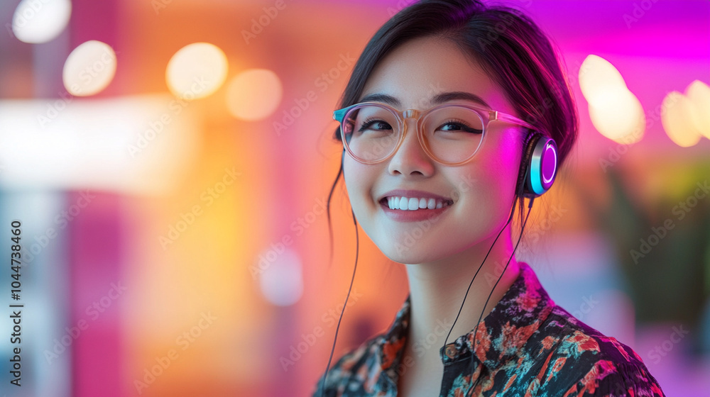 Young smiling asian woman wearing earphones, headphones Young smiling asian woman wearing earphones, headphones
