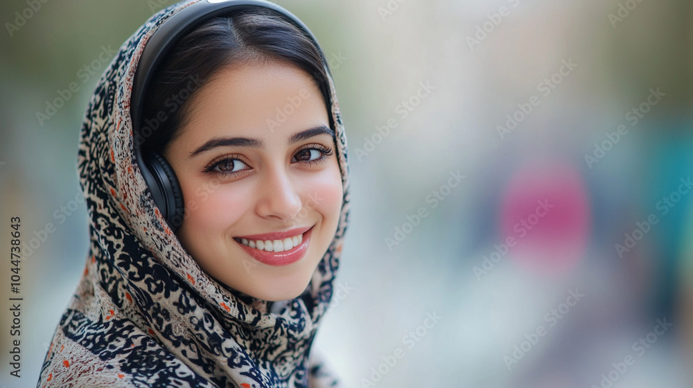 Young smiling muslim woman wearing earphones, headphones Young smiling muslim woman wearing earphones, headphones