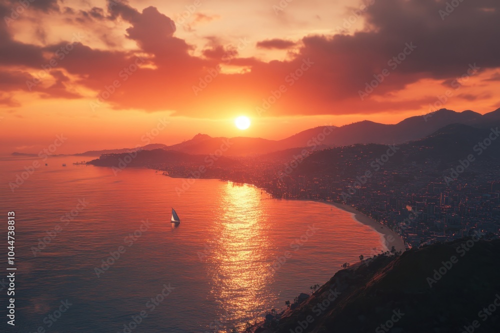 Naklejka premium Sunset Over Coastal Landscape with Sailing Boat
