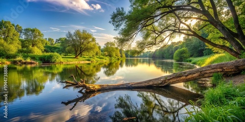 Tranquil river landscape in summer with fallen tree