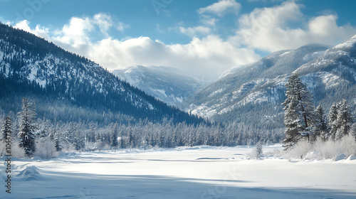 serene winter landscape with snow covered mountains and trees