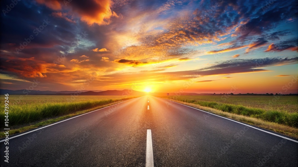 Tranquil road at sunset with asphalt highway stretching into breathtaking minimalist landscape Tranquil road at sunset with asphalt highway stretching into breathtaking minimalist landscape