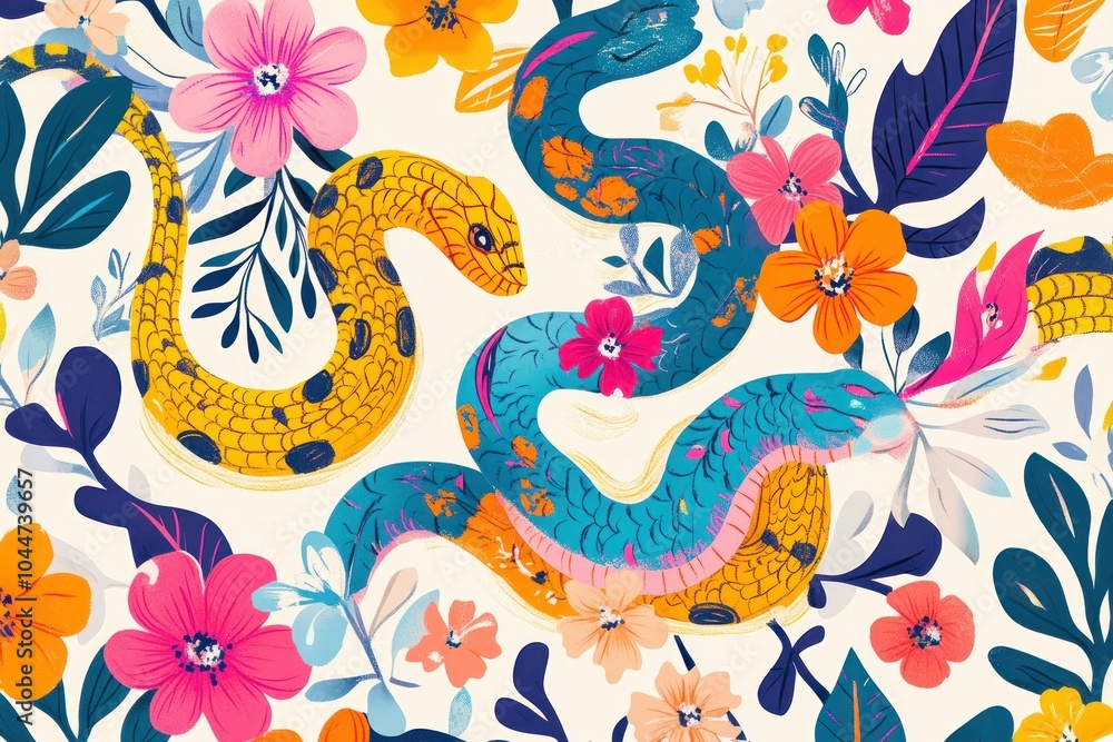 Obraz premium Colorful snakes among vibrant floral patterns