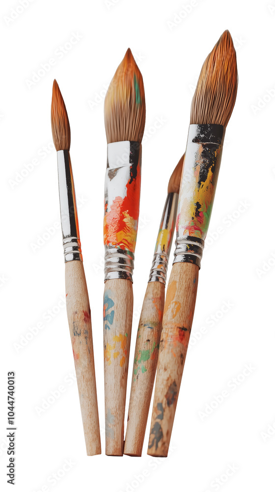 Fototapeta premium Vintage Wooden Paintbrushes Covered in Paint on Transparent Background - made with Generative AI