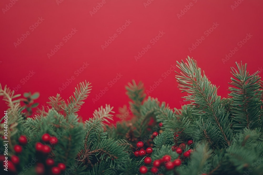 Festive Greenery with Red Berries on Holiday Background Festive Greenery with Red Berries on Holiday Background