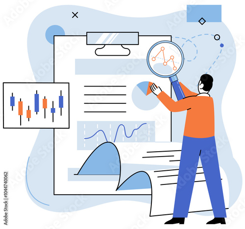 Young man analyze charts and strategies at work. Employee studying investment, cash flow and profit of company, looking at report with graph and diagrams. Investment, analysis and trading concept