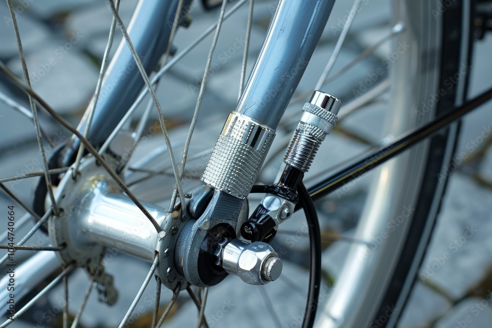 Fototapeta premium Bicycle dynamo attached to front fork with cobblestones in background
