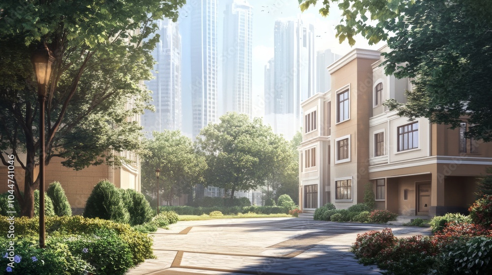 Modern Cityscape with Clean Lines and Lush Greenery Modern Cityscape with Clean Lines and Lush Greenery