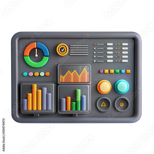 A vibrant, 3D-rendered data dashboard showcasing colorful graphs and interactive buttons, perfect for analytics applications. photo