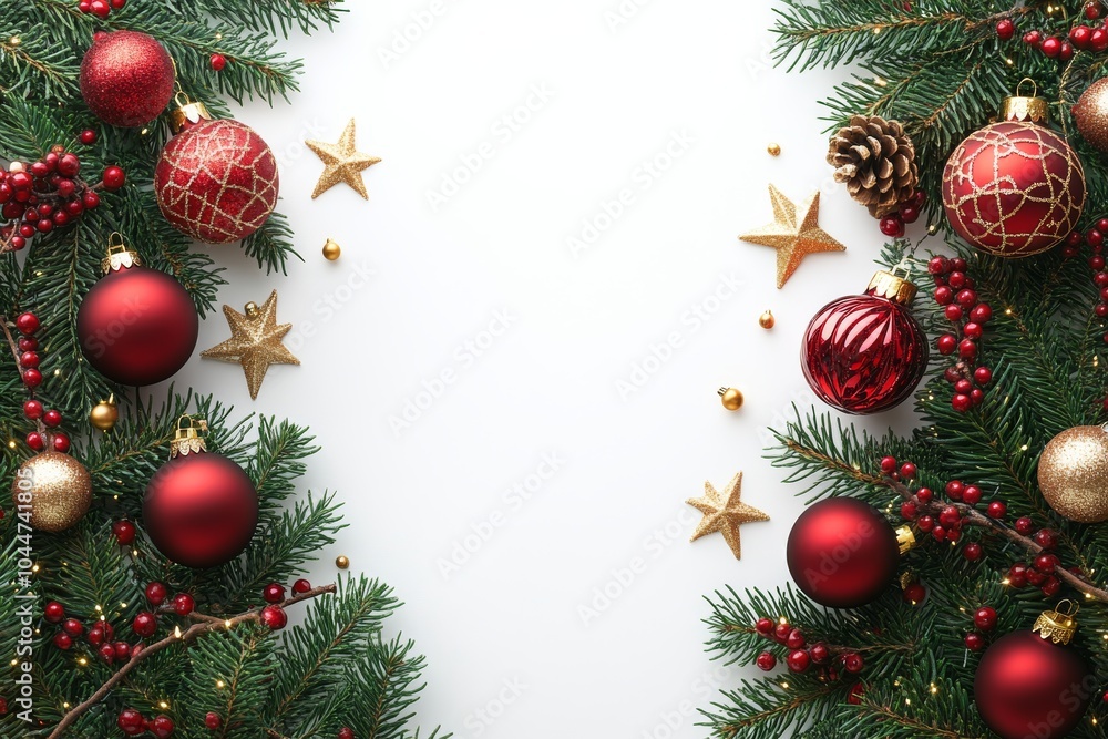 Spruce branches decorated with Christmas ornaments, placed on a bright white background, featuring red baubles, golden stars, and twinkling lights. Generative AI Spruce branches decorated with Christmas ornaments, placed on a bright white background, featuring red baubles, golden stars, and twinkling lights. Generative AI