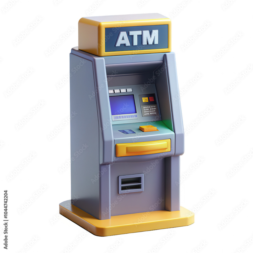 A colorful 3D render of an ATM machine featuring a bright design. This isolated icon represents modern banking technology. A colorful 3D render of an ATM machine featuring a bright design. This isolated icon represents modern banking technology.