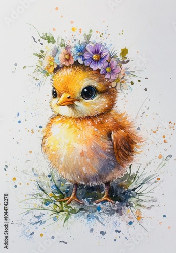 Adorable chick adorned with floral crown in vibrant watercolor illustration