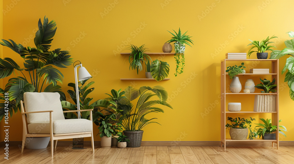 Naklejka premium Wooden book shelf in front of yellow wall, wooden floor, houseplant. Minimalistic interior design