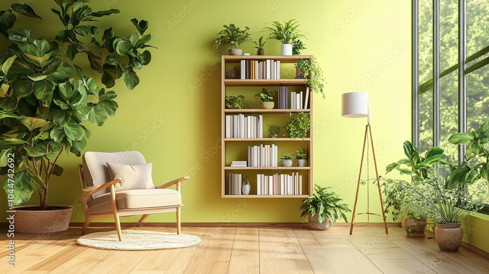 Wooden book shelf in front of light lime wall, wooden floor, houseplant. Minimalistic interior design Wooden book shelf in front of light lime wall, wooden floor, houseplant. Minimalistic interior design
