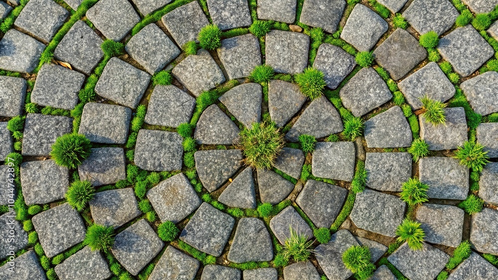 Seamless texture of round shaped stone block pavement for exterior with grass or sidewalk, high angle view Seamless texture of round shaped stone block pavement for exterior with grass or sidewalk, high angle view