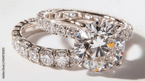 A stunning diamond engagement and wedding ring set displayed on a pure white background.