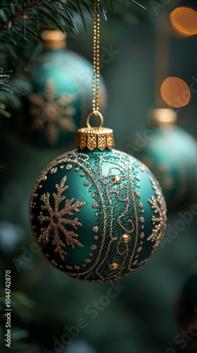 Beautiful Christmas Balls on Green Background with Text Space for Holiday Greetings