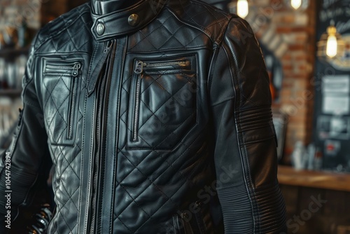 Close up of biker wearing black leather jacket with diamond pattern stitching