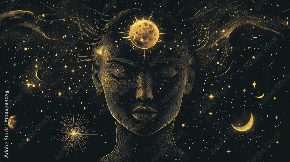 A mystical profile of a woman with celestial golden elements lik A mystical profile of a woman with celestial golden elements lik