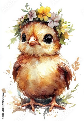 Cute chick adorned with a flower crown in a colorful illustrated setting