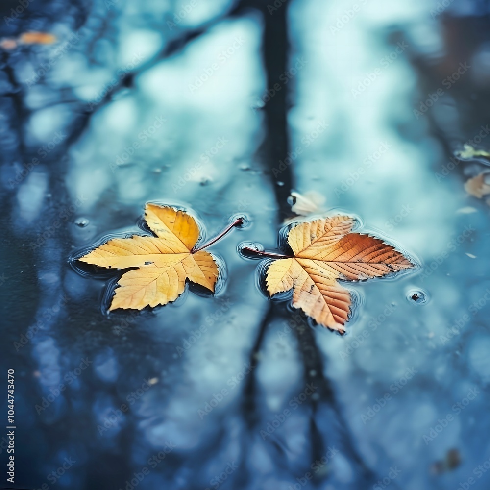 Obraz premium Yellow Leaves in a Puddle with Tree Reflection