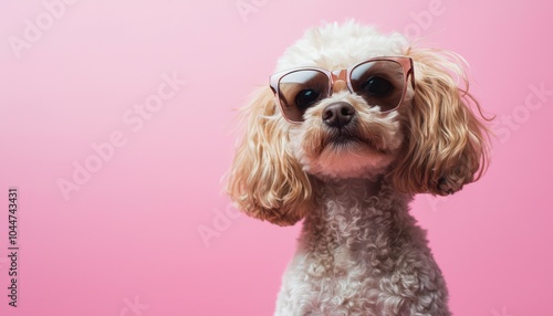 Chic dog in sunglasses, posing against a fashion-forward pink backdrop.
