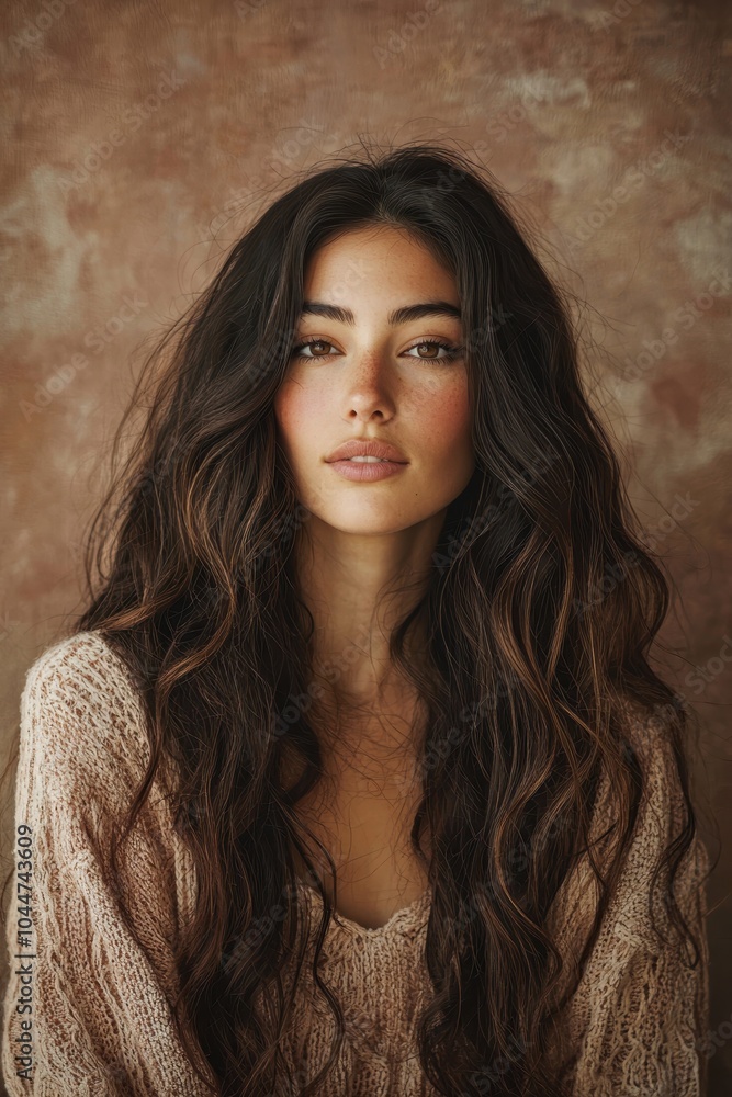 Natural Beauty Fashion Portrait of Woman in Soft Knit Sweater - Effortless Style and Long Flowing Hair with Neutral Earth Tone Background for a Cozy Look Natural Beauty Fashion Portrait of Woman in Soft Knit Sweater - Effortless Style and Long Flowing Hair with Neutral Earth Tone Background for a Cozy Look