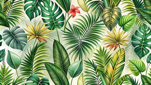 Seamless tropical plant and leaf pattern background