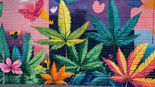 A colorful mural depicting marijuana leaves on a brick wall in an urban setting