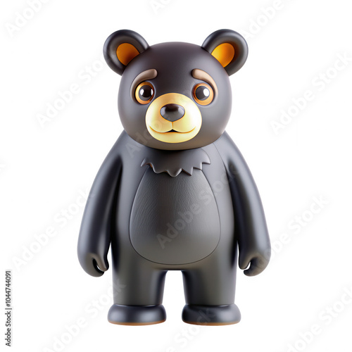 A cute cartoon bear character with large eyes and a friendly expression, designed in a 3D style. The bear is black with a round body and soft features. photo