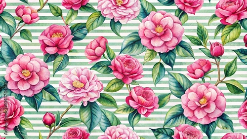 Seamless watercolor pattern of Camellia japonica flowers and leaves on an elegant striped fabric background Wide-Angle