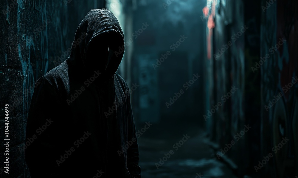 Hooded figure standing in dark alley. Hooded figure standing in dark alley.