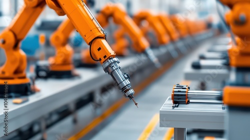 Detail of an industrial robot arm working on a production line, showcasing advanced technology and automation in manufacturing.