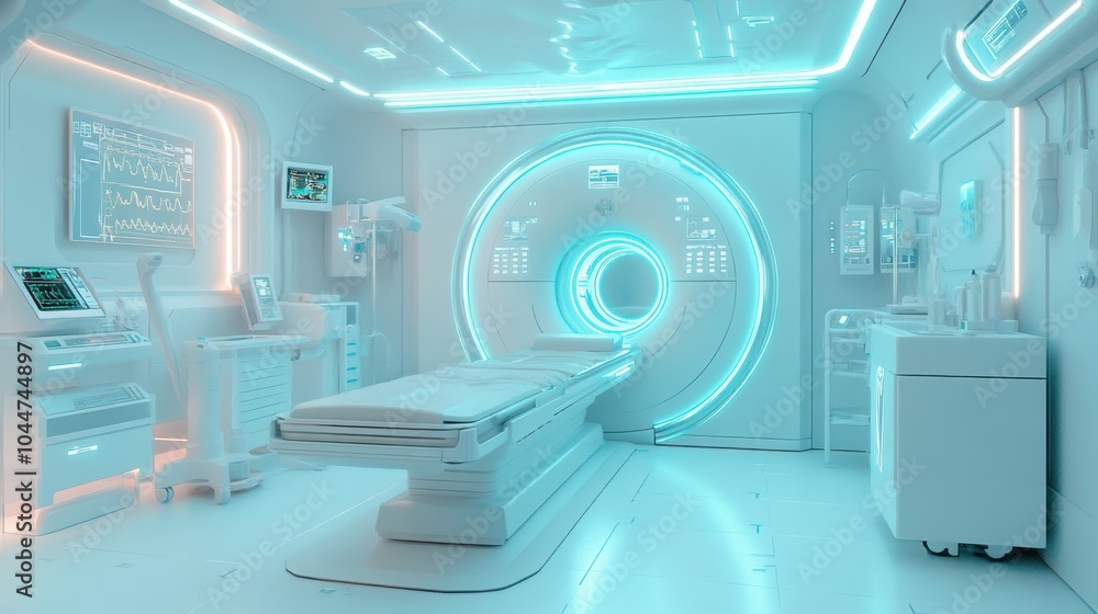 A futuristic white medical room with glowing blue A futuristic white medical room with glowing blue