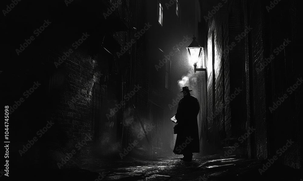Silhouette of man in dark alleyway lit by lamp. Silhouette of man in dark alleyway lit by lamp.