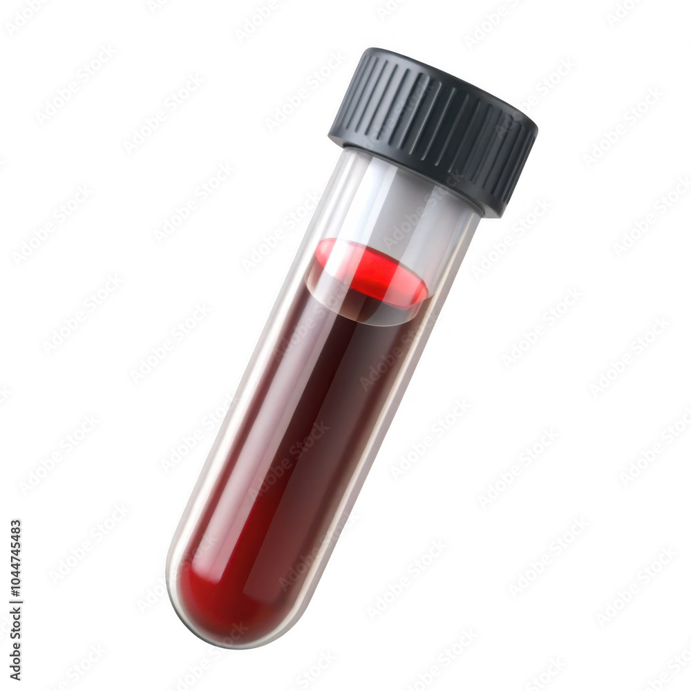 A clear test tube containing blood, showcasing a red liquid with a gray cap, often used in laboratories for samples and diagnostics. A clear test tube containing blood, showcasing a red liquid with a gray cap, often used in laboratories for samples and diagnostics.