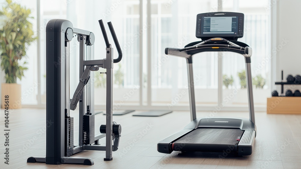 Obraz premium Modern gym equipment including a treadmill and strength machine in a bright fitness space, ideal for workout motivation.
