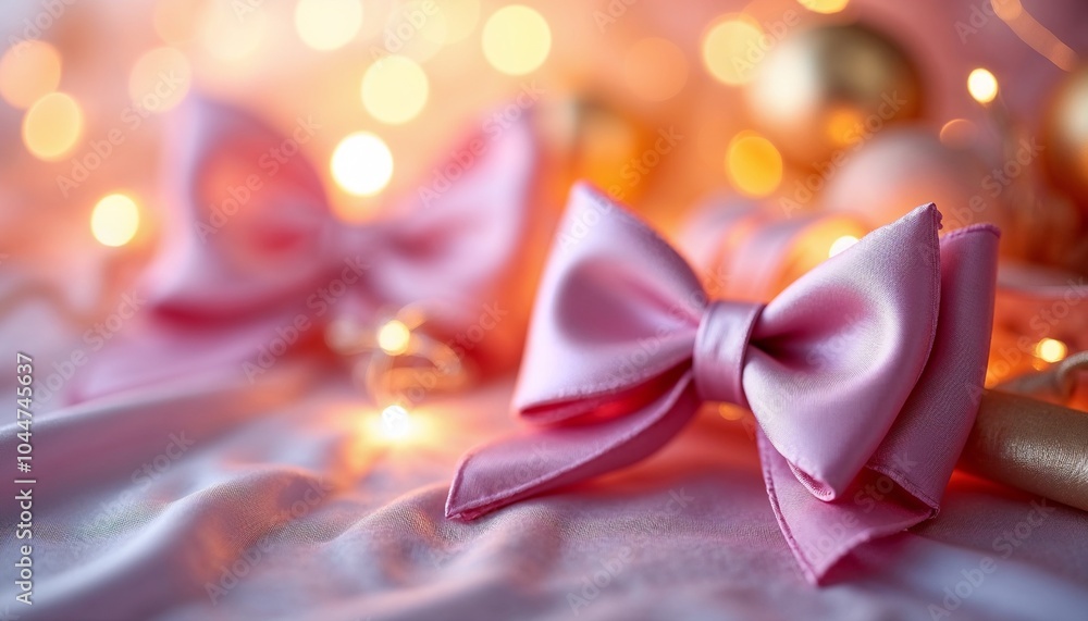 Pink satin bows with bokeh lights on soft fabric background Pink satin bows with bokeh lights on soft fabric background