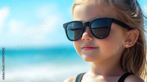 Charming and happy little girl wearing sunglasses on a blurred blue sea and beach background. Summer vacation concept