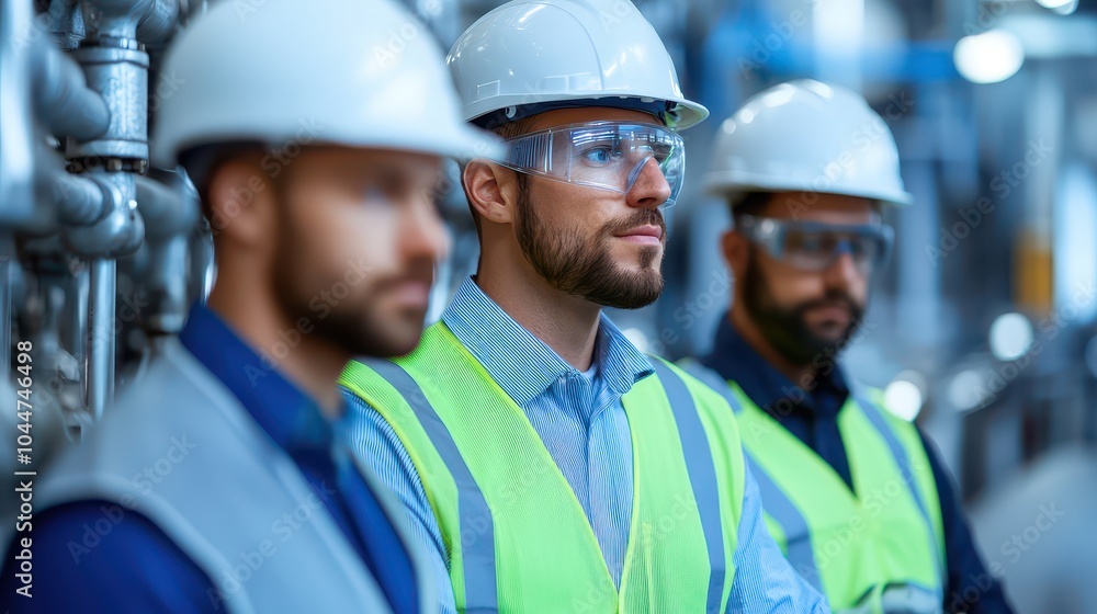 Professional construction workers wearing helmets and safety vests, focused on their tasks in an industrial environment. Professional construction workers wearing helmets and safety vests, focused on their tasks in an industrial environment.