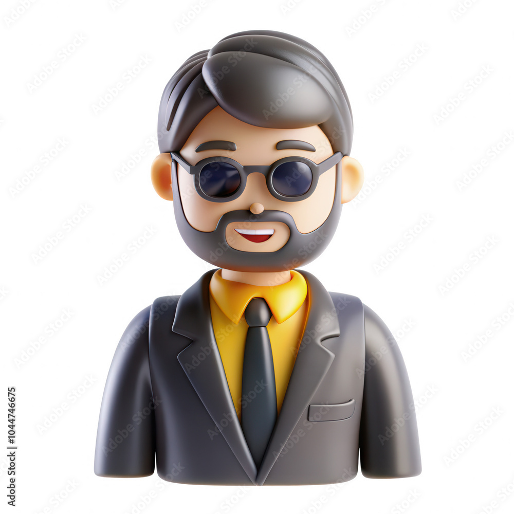 A cheerful 3D rendered businessman with glasses, a beard, wearing a black suit and a yellow shirt. Friendly and approachable facial expression. A cheerful 3D rendered businessman with glasses, a beard, wearing a black suit and a yellow shirt. Friendly and approachable facial expression.