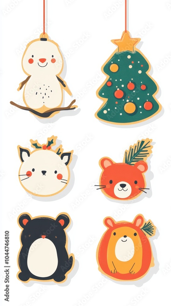 Festive animal-themed ornaments hanging on a decorative background in preparation for Christmas celebrations Festive animal-themed ornaments hanging on a decorative background in preparation for Christmas celebrations