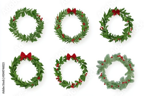 A collection of six decorative Christmas wreaths featuring seasonal greenery and red bows