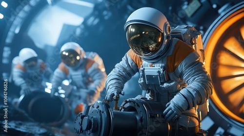 Fototapeta Naklejka Na Ścianę i Meble -  Three astronauts conduct a detailed operation inside a futuristic spaceship, showcasing advanced space exploration technology.