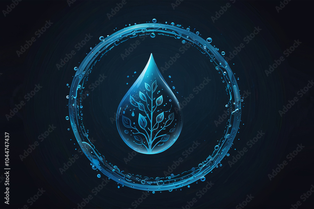 Digital Blue Water Drop Icon with Binary Code Patterns for AI Water Resource Management