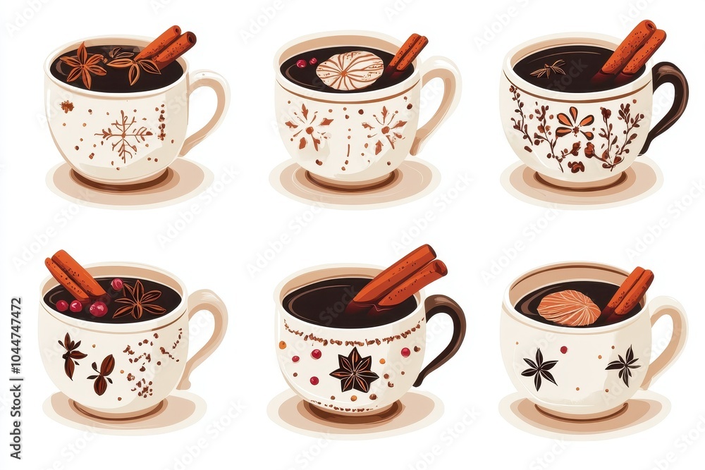 Obraz premium Colorful collection of spiced drinks in decorative cups on a clean white background
