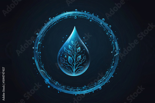 Digital Blue Water Drop Icon with Binary Code Patterns for AI Water Resource Management