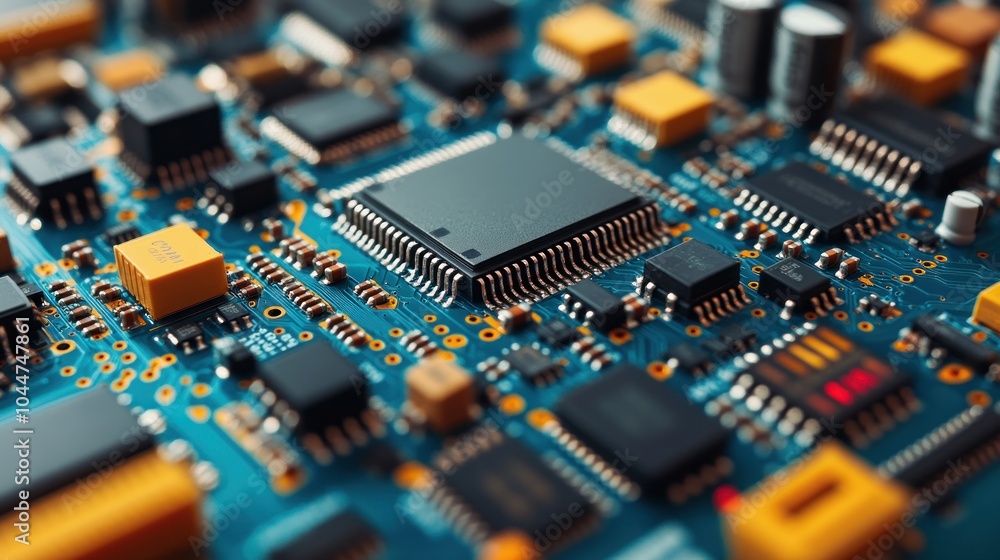 Close-up of a circuit board showcasing electronic components. Close-up of a circuit board showcasing electronic components.