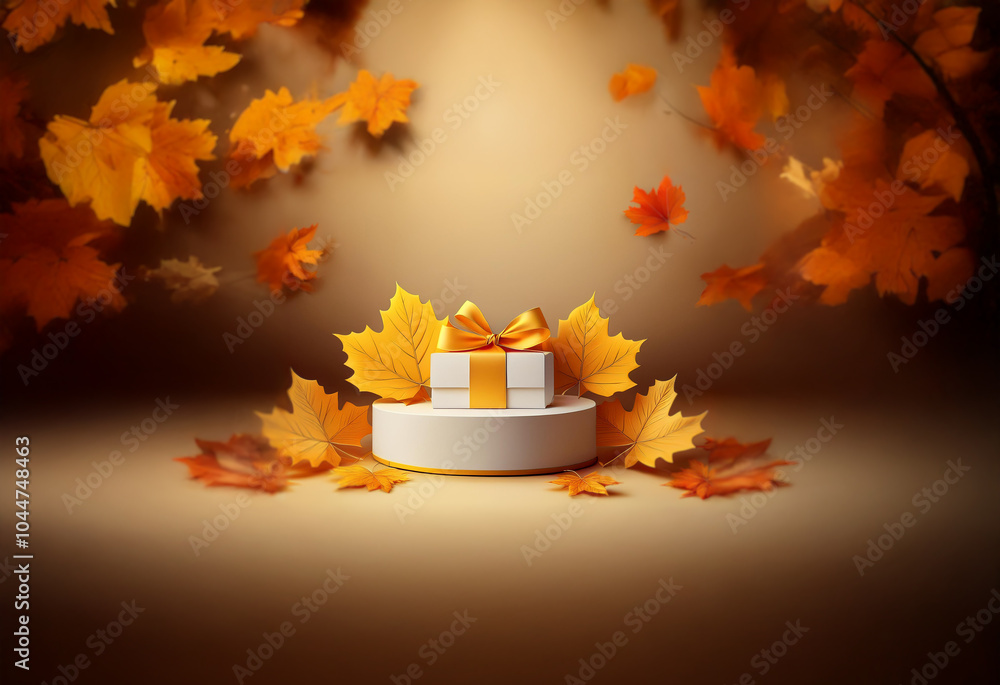 Naklejka premium A white gift box with a yellow bow sits on a white pedestal with falling autumn leaves around it.