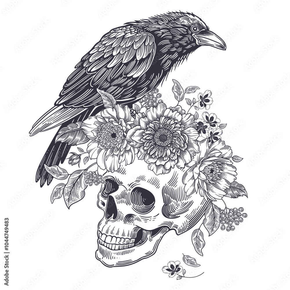 Obraz premium Peonies, skull and raven. Vintage Vector